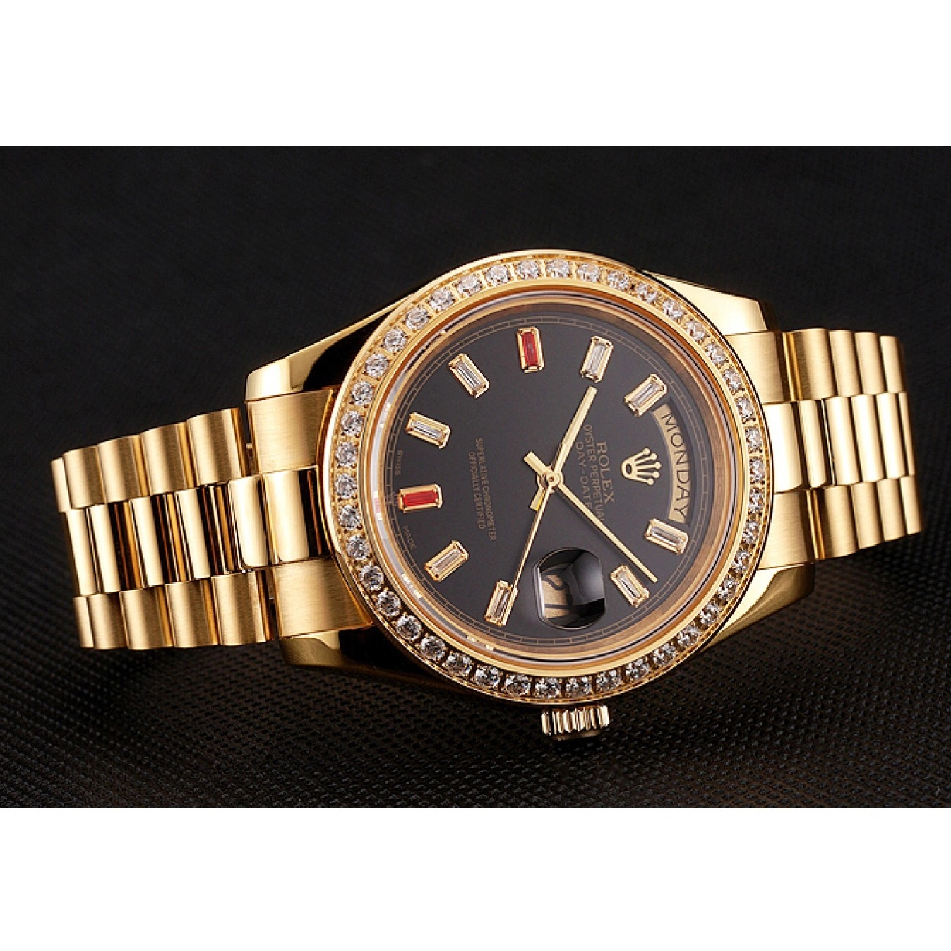 Aaa fake watches Dial Gold Rolex Bracelet Rubies Diamonds Black 1454101 Day-Date And Swiss 0624